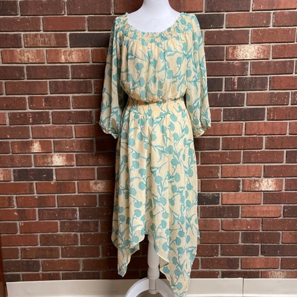 Kori‎ Yellow & Green Floral Handkerchief Dress Size Medium